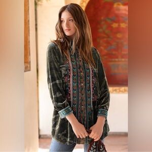 Johnny Was Shanelle Velvet Button Up Shirt Blouse Embroidered Top Large Tunic